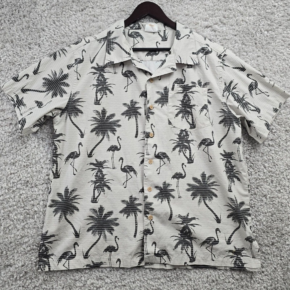 Barefoot In Paradise Hawaiian Shirt‎ Mens Large Gray Flamingo Palm Button Up